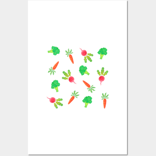 Veggie garden pattern with broccoli, radishes and carrots Posters and Art